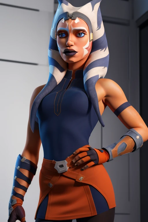 (masterpiece, best quality, ultra-detailed), AhsokaTano, (orange skin:1.2), sexy, young, , 13yearold, blue eyes, makeup, small breasts, blue shirt, vambraces, fingerless gloves, hip armor, blue skirt, blue leggings, standing, front view, sexy pose, looking at viewer, holding lightsaber