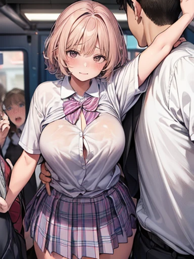 ((( in the train))),school girl,many men are 50years old,school girl is surrounded by men,((( molester))),( train),( huge breasts),( hands on own breasts),((( open shirt ,lifted bra))),(((( ugly man is grabbing shirt forcibly from behind)))),((( nipples))),(( upper body)),(( blush, surprised)),open mouth,(( looking down)), (( ugly man is standing behind the girl)),(((( ugly man is grabbing breasts forcibly )))), (((rape)))