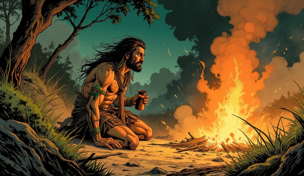 Forest fires,night,lightning in sky,Animal lying on the ground,fire light,Primitive man squatting on the ground,burning plant,The fire spread,(dead animal:1.2),(burning trees:1.5),Burnt earth,Neanderthal figure,(indian:1.5),author:Randolph Caldecott, (Pen pastel,watercolor painting, masterpiece, representative work, illustration art, Professional line art, Super complex and detailed, Chinese painting,8K:1.3)