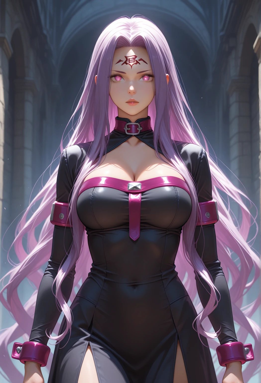 ((collar,leash,tied up,bondage,ahg rolling eyes tongue)),PINK hair,BLUE eyes,,HAIR OVER ONE EYE, eager pet pose,victoria
horns, tiara, veil, black bodysuit, shoulder armor, long sleeves, cleavage cutout, black gloves, black overskirt, black pants