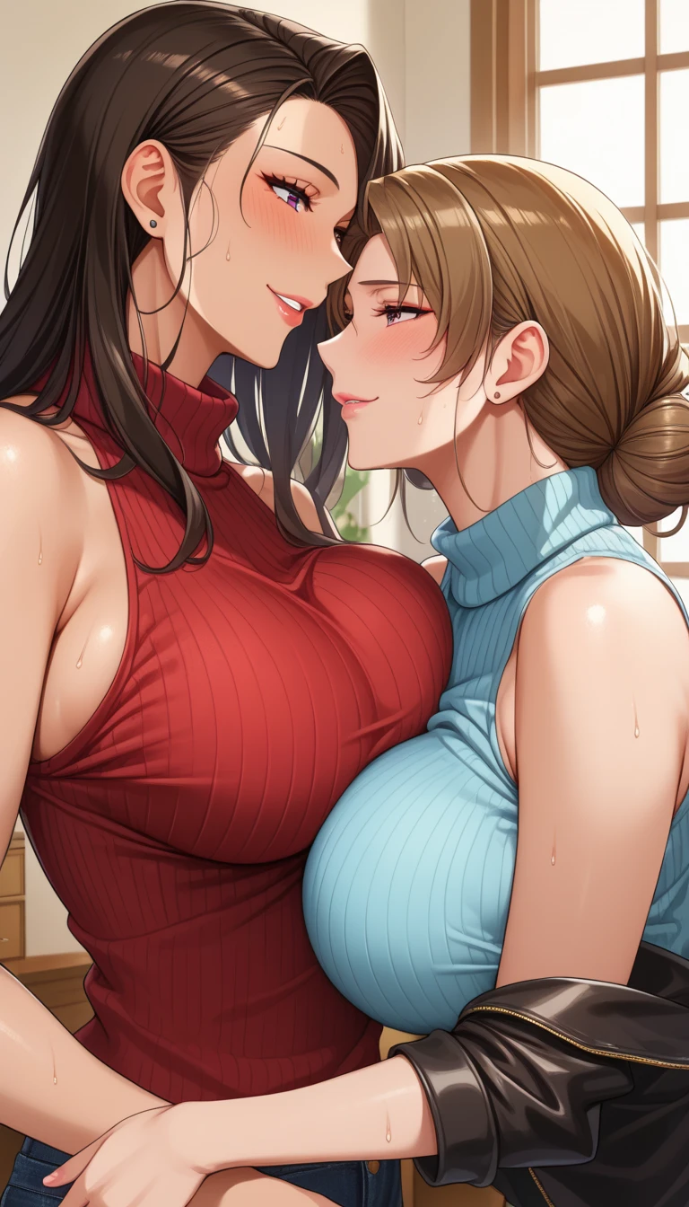 (((Two women wearing only panties、Nipples and breasts exposed)))、High resolution、high quality、High resolution、detailed、masterpiece、Mature Woman、Big smile、Light brown hair、Random long hairstyles、Perfect Proportions、String、The thighs are exposed、(((((They are hugging each other)))))