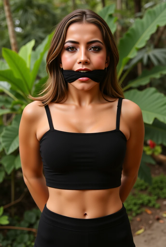 solo, jewelry, realistic, black_hair, ring, 1girl, bound, gagged, tape, improvised_gag, veil, gag, bound_wrists, bracelet, bandages, tape_gag, long_hair, looking_at_viewer, earrings, bondage, black_eyes, tattoo, upper_body, tears