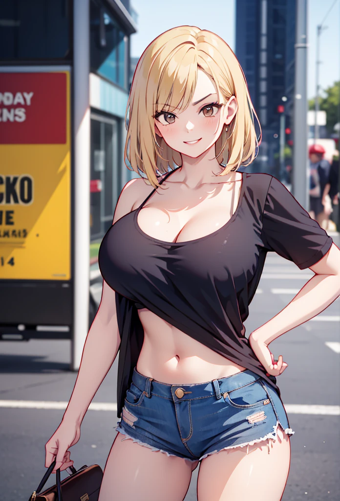 1girl, anime girl, anime, (dark skin), 2d girl, 18y, (fullbody), standing, anime girl, pensive, (blonde hair), ((black blouse)), Solo, Slim, large breasts, big , big Breasts, Tight Shorts, low waist shorts, upshorts, skyscrapers background, modern city, looking at viewer, darker shadows, (((Wedgie))), (((explicit))), (((shorts))), (((absurdres))), (((thigh gap))), (((cameltoe))), (((cleft of venus))), (((lowleg shorts))), (((innie pussy))), (((inniepussy))), (((innie_pussy)))