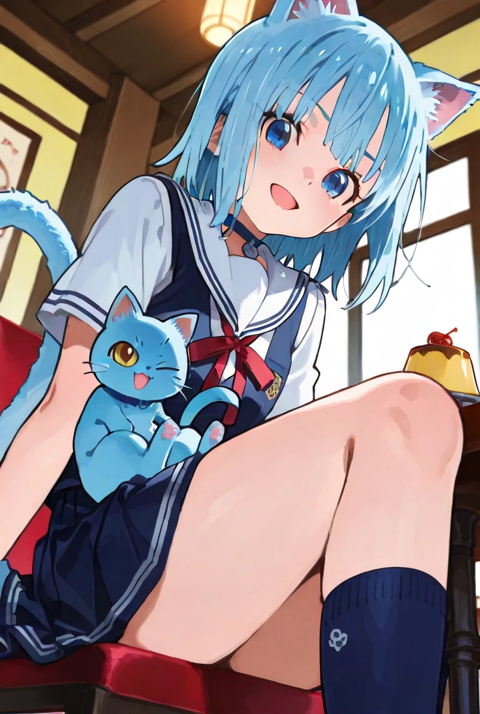 masterpiece, highest quality, detailedな背景, naked:1.6,cute, small, Blue Hair, Long Hair, Twin Drill, mega twin drills, white fluffy cat tail, White cat ears, small size, whole body, Purple eyes, fluffy, fluff ears, alone, detailed, girl, cutetech, pastel colour, cute, cute colors, Squat