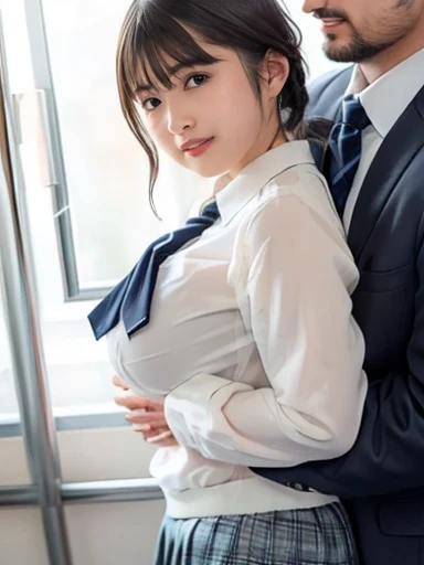 Two couples, uncle and JK wrestling, deep kiss, crotch touching, breast touch from behind, wet mouth, Japan high school uniform, (too big breasts: 1.9), drooping breasts, 16 year old girl, school background