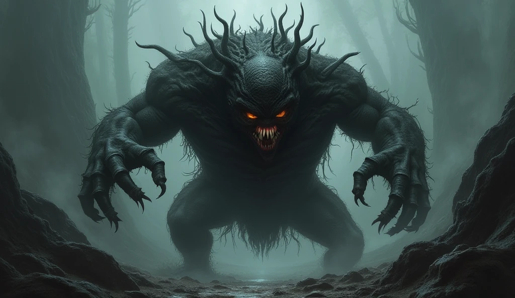 Create the most horrible, dark, repulsive monster with 4 legs and 2 spike-shaped arms., giant with aspects of a mummified jackal with 2 mouths one inside the other with many teeth with 6 eyes and giant