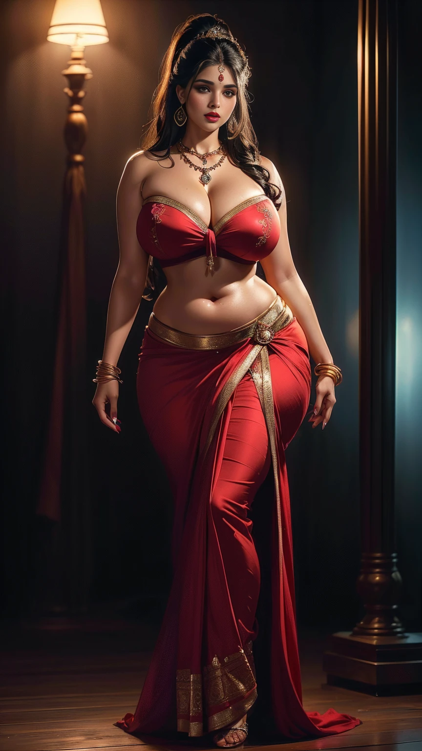 ((best quality)), ((masterpiece)), (detailed), hot and sexy Indian woman having massive boobies and thick thighs, voluptuous figure, Chubby body, wearing frock, wearing short dress, Indian style dress, silk dress , floral design dress, red and gold ornate dress, pony tail hairstyle , full covered body 