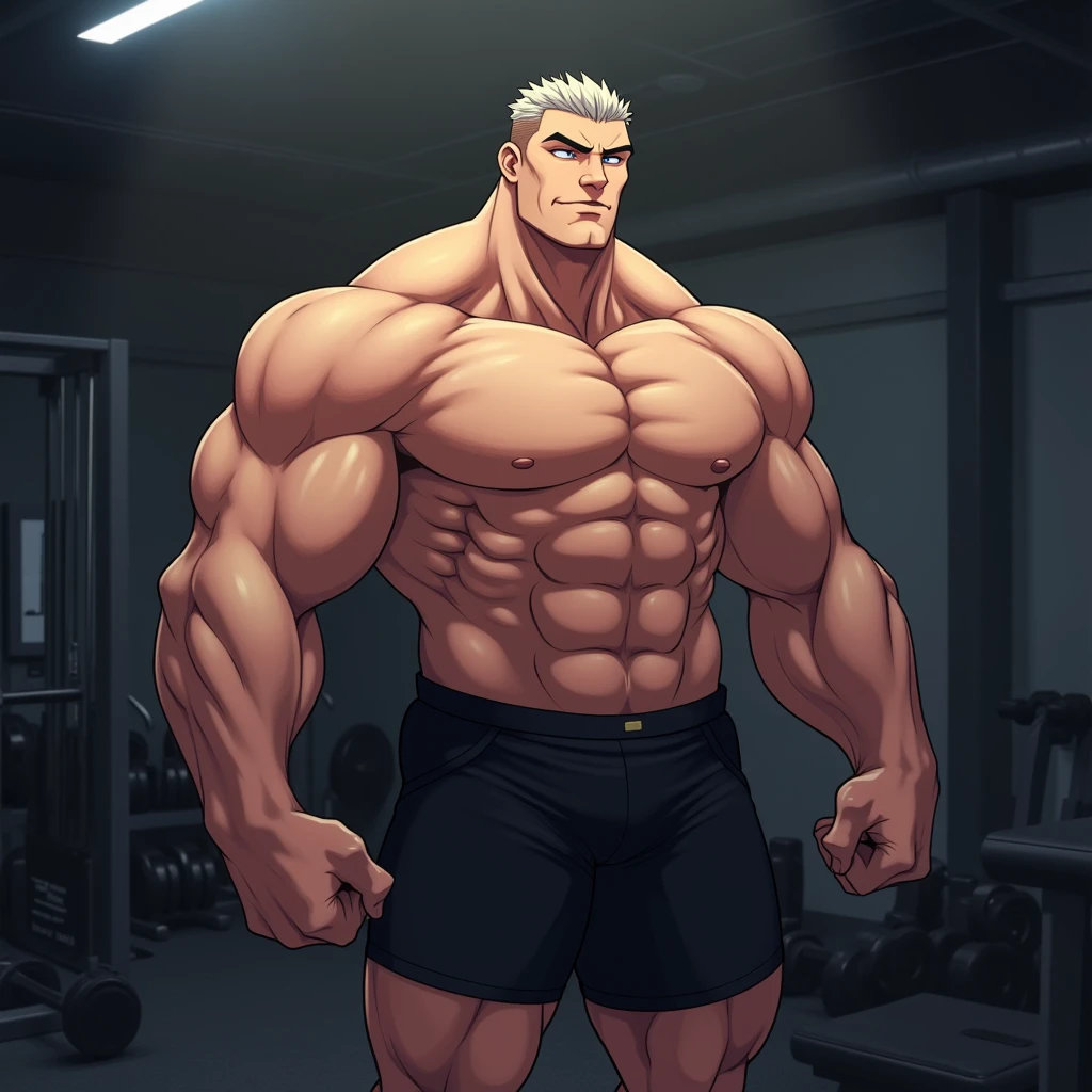 full body view, one over-muscular bodybuilded white european guy with blonde clean shaved undercut hair with platinum streaks , wearing new Nike Alphafly 3 electric running shoes and white pro socks, arrogantly flexing his over-inflated muscles, showing off triple-biceps and the most over-bloated round pecs ever in the world, front of opened garage with weight lifting equipment