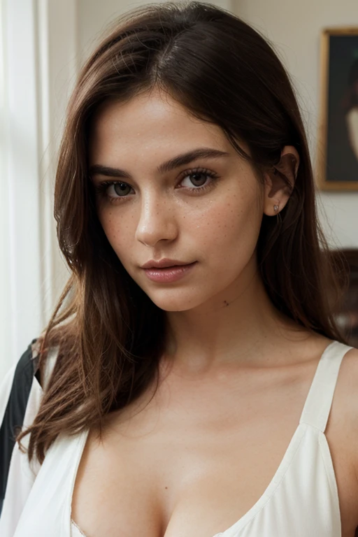 a woman, 25 year old, delicate, cheveux de longueur moyenne, cheveux bruns, skin Details, sourire romantique, seductive look, pores de la peau, éclairé par les flashs des photographes, in an abandoned garage, chained, prisoner, scotch sur la bouche, torn clothes