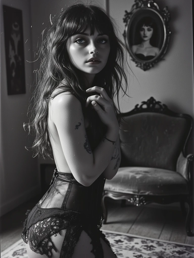 (a one woman, age 25), Brunetette, long red hair, blue color eyes, ((Body cute)), ((wearing a lace dress that flatters your feminine curves)), use a (((big and elegant hat)). The woman has (arm tattoos). ((approximate photo, black and white taken from a professional Premium camera)). ((They are in a dark place lit by a lamp))), She look mystery and penetrating. ((ultra detailed realistic photo)), 8K.