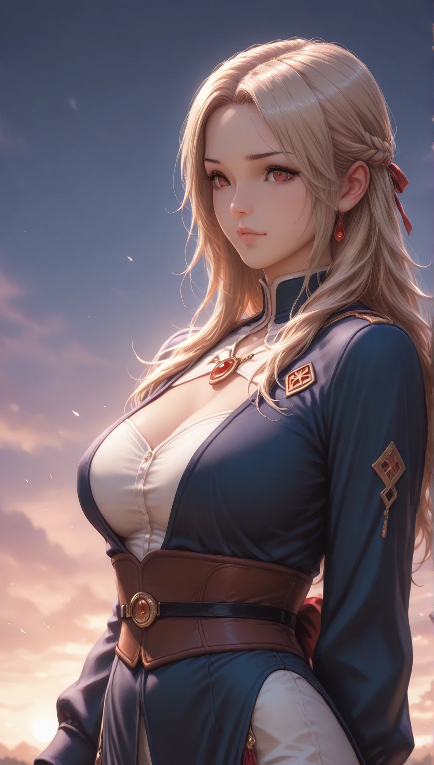 (masterpiece, best quality:1.3), (upper body:1.3), Yagokoro Eirin, Touhou Series, perfect face, expressive eyes, 1woman, looking at viewer, 38 years old, gorgeous body, big breast, beautiful, anime, lora,1woman, silver hair, braid hair, nurse cap, red and blue clothes, long skirt, (evil look, looking down on viewer:1.5), (cinematic lighting, realistic, dream-like, enchanting atmosphere:1.5), (photo of a woman in her light and mysterious environment:1.3), (the woman surrounded by an aura of mystery and intrigue:1.3), (standing in the field, clouds, sunrise:1.3), (a crystal ball nearby, adding to the mystical setting:1.3), (a hint of incense in the air, adding to the sensory experience:1.3),