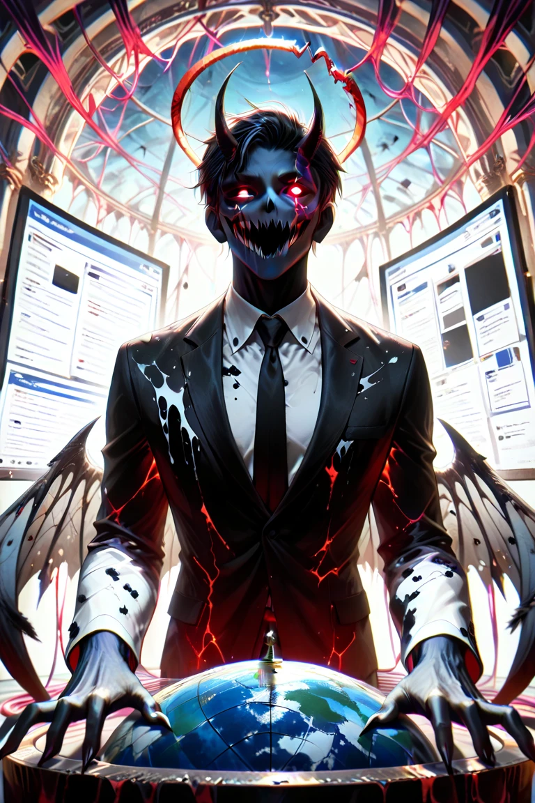 "An evil skull day trader sitting in front of several computers trading in the financial market on the mt5 platform, high quality image. Add the text to the image "Eder Santo Professional trader, the terror in the financial market"