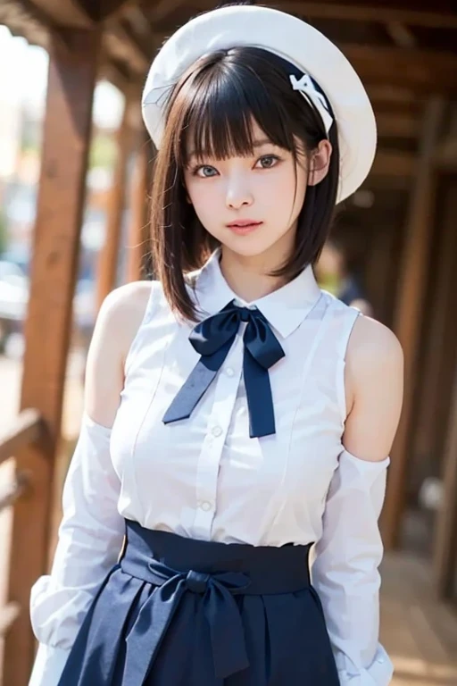 master piece , best quality , woman , bowler hat , bangs , smile , outdoor, 赤い髪:1.3、extra short hair, sidelocks-hair、all nude:1.5、pussy:1.3、足を開く:1.5、座る、大きな胸:1.5、ラブジュース