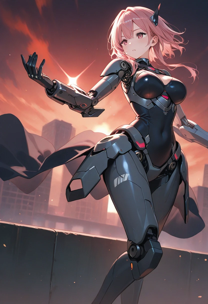 top-quality、Top image quality、masterpiece、girl with((red and blue mechanical body armor、red mechanic arm、purple leg arms、Shining gold body line、sixteen years old、teen ager、cute little、Best Bust、big bast,Beautiful light blue eyes、Breasts wide open, Purple hair、silver flight unit,Semi-long、A slender,Large valleys、belligerent movements,glowing whip、)),hiquality、Beautiful Art、Background with((Midnight City、Pillar of fire、fluttering white feathers)))、Depth((Black Giant Robot)),masutepiece、depth of fields,Cinematic style