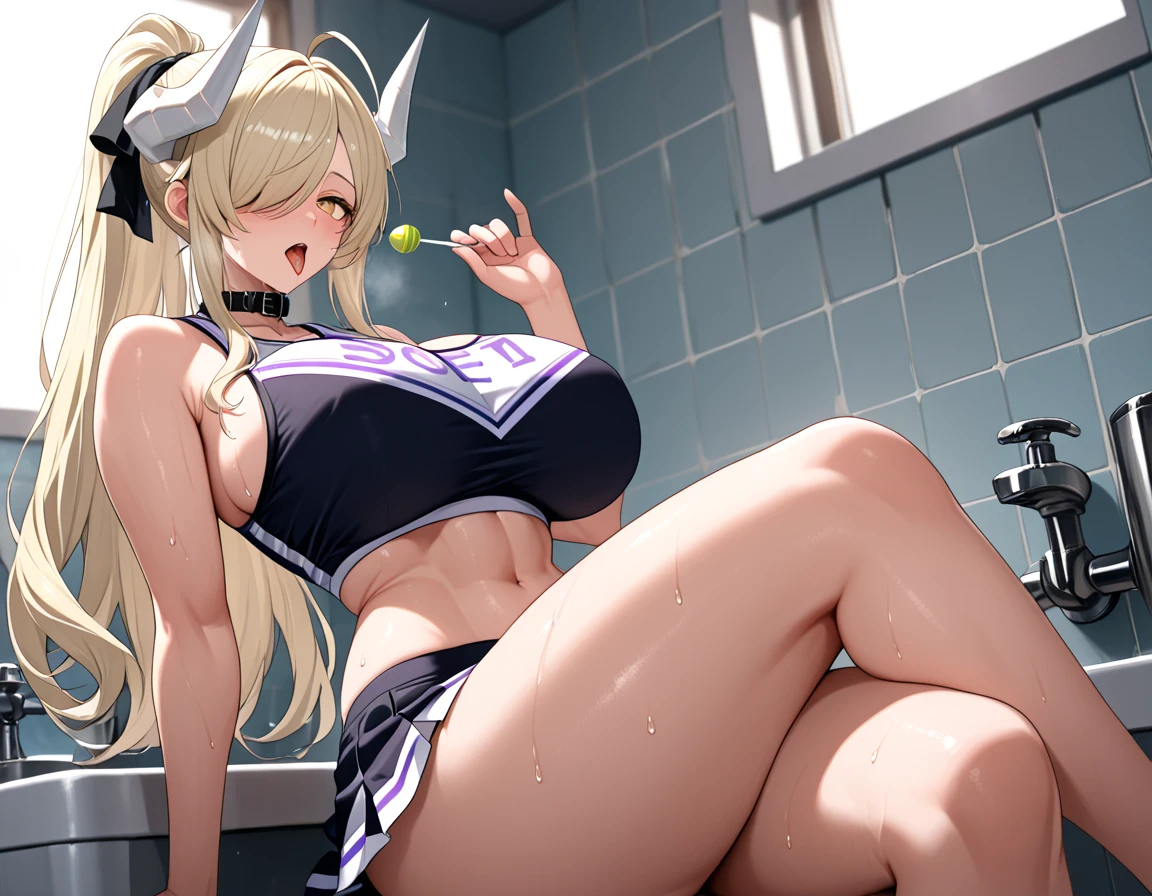 Beautiful anime girl, solo, detailed anime design, anatomically correct, beautiful girl, blonde one-side ponytail, gorgeous red eyes, ahegao, eyes looking at between her eyebrows, orgasm, freckles, face covered in cum, choker, sexual arousal, lustful expression, ahegao, open mouth, tongue, a lot of cum on tongue, a lot of cum on face, cum in mouth, topless, naked torso, abnormally big breasts, grabbing her breasts, groping her breasts, lifting her breasts, booblift, breastlift, showcasing her breasts to the viewer, a lot of cum on breasts, wearing a see-through thong, sitting on a bed, facing viewer, looking straight towards the viewer, sitting on a chair, legs open, revealing her underwear, full body picture,detailed moist skin, 8k, best quality, masterpiece