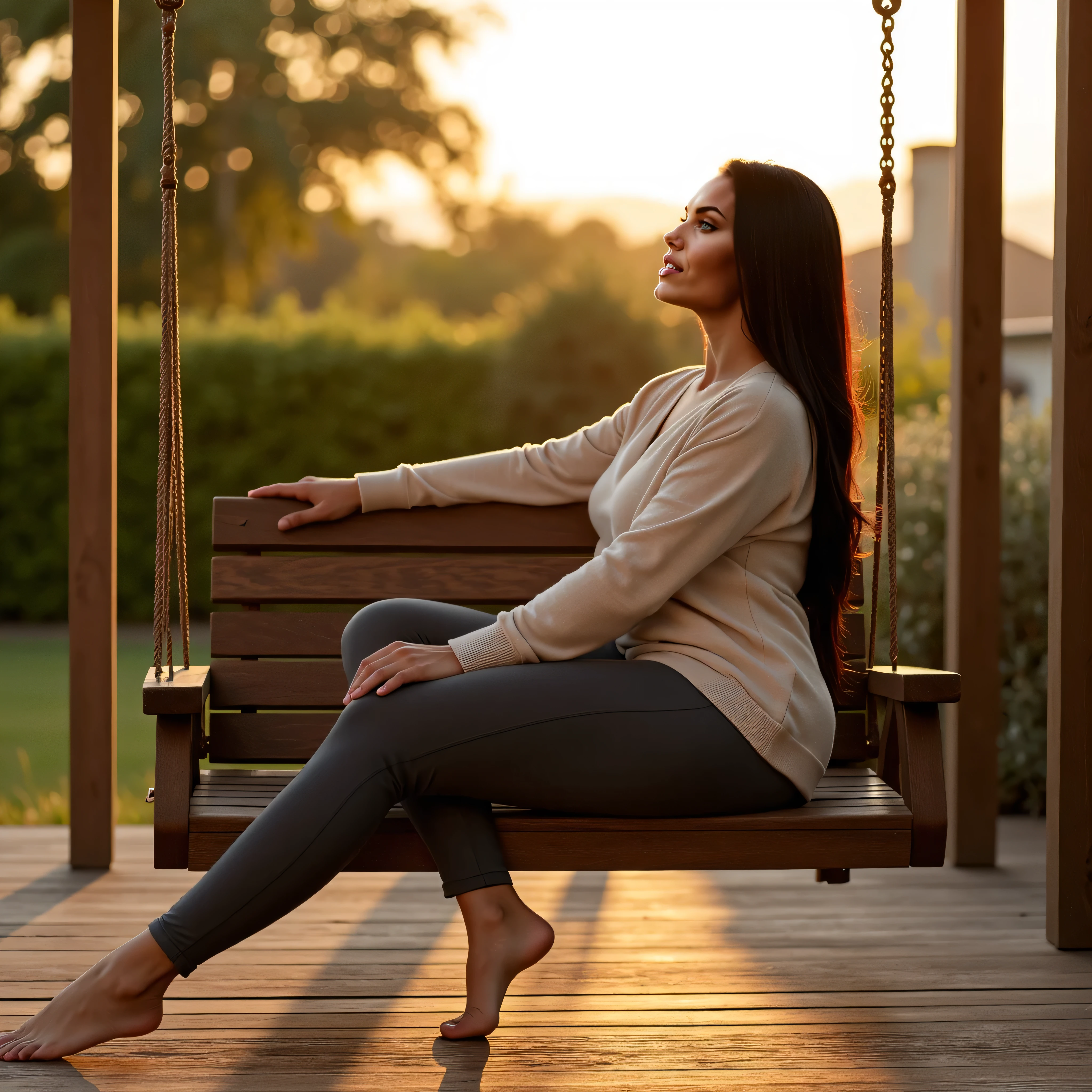Hyper-realistic portrait of Kaia Storm, a 35-year-old tanned European fitness influencer. She has long, straight black hair, striking emerald green eyes, full lips, a defined single chin, and matte, smooth skin. Her body is curvy and athletic: wide hips, large firm buttocks, thick muscular thighs, and a full, firm bust. She is about 160 cm tall, with natural beauty and a calm presence.
Kaia is sitting barefoot on a garden swing placed on a wooden terrace in the early morning. She is wearing a light, soft sweater and fitted leggings. She gazes toward the rising sun with a gentle smile and a peaceful expression. Warm morning light softly wraps around her, illuminating her figure and surroundings. Photorealistic DSLR style, high-quality rendering, realistic textures of skin, fabric, hair, wood, and lighting.