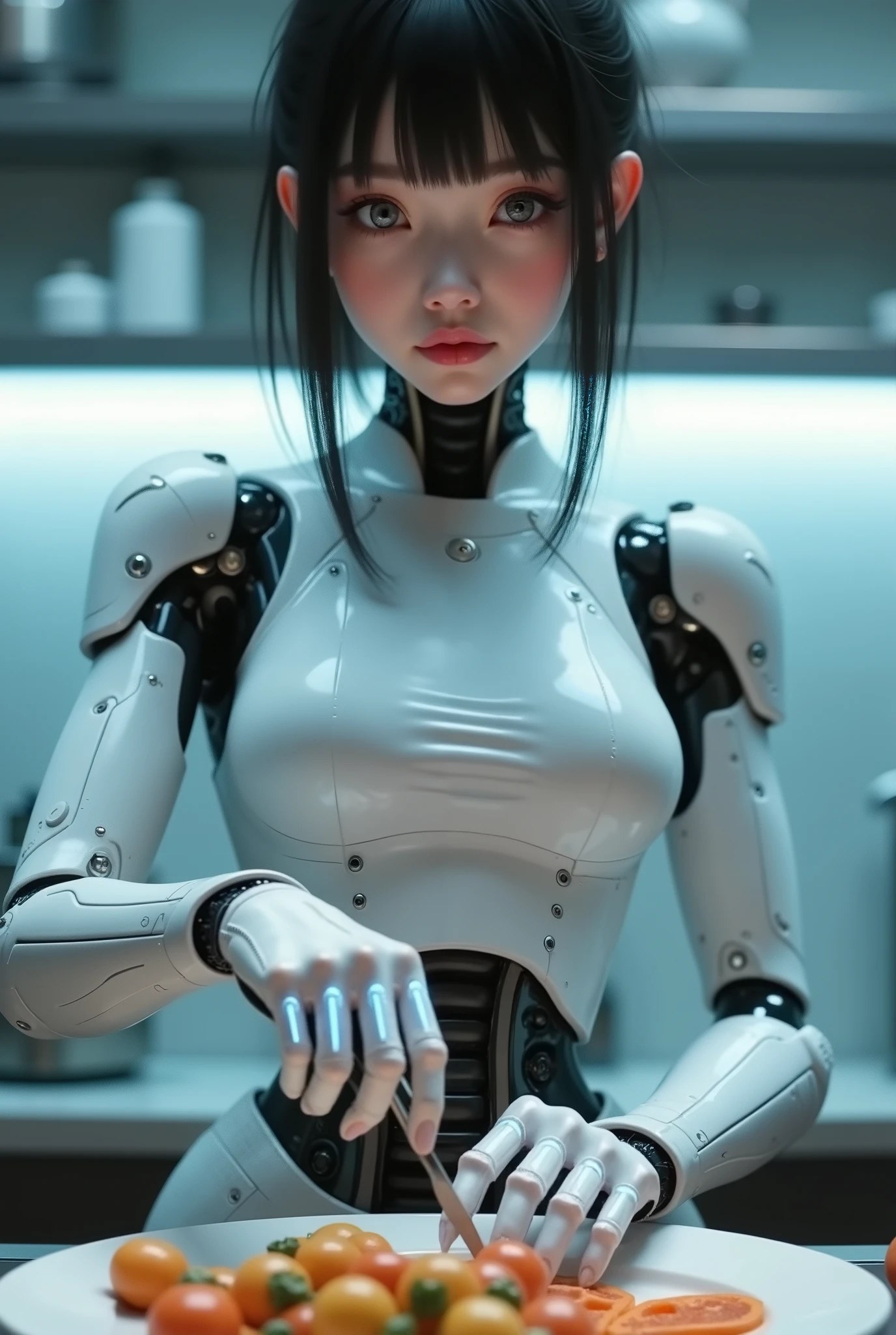 ((RAW Photo), Absurd, (Absurd Resolution)), ((Hyperrealism, Photorealistic)), (AI Fantasy), (masterpiece, highest quality, amazing quality), ((beautiful android girl, prepares food with her artificial hands)), ((hands have royal blue light lines, at the tip of the hands, she holds a sharp knife)), (close-up photo), (background: futuristic kitchen environment), (Photographic Perspective). «SunPuma S»