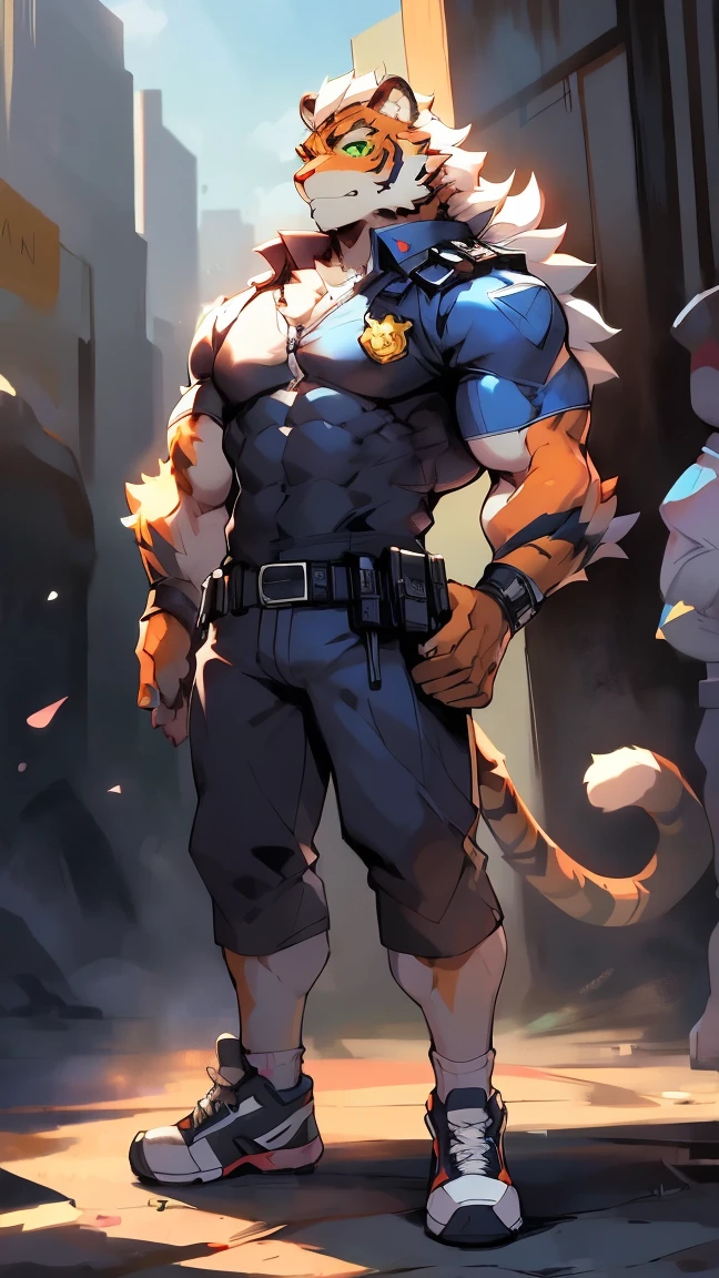 ((best quality)), ((masterpiece)), (detailed), white tiger fury,male,Strengthens pectoral muscles,Powerful arms,Six-pack abs,There are dozens of stab wounds on the body,Black handcuffs,Upper body exposed,prisoner,prison,angry expression,Black leg irons,Orange trousers,barefoot,Standing posture