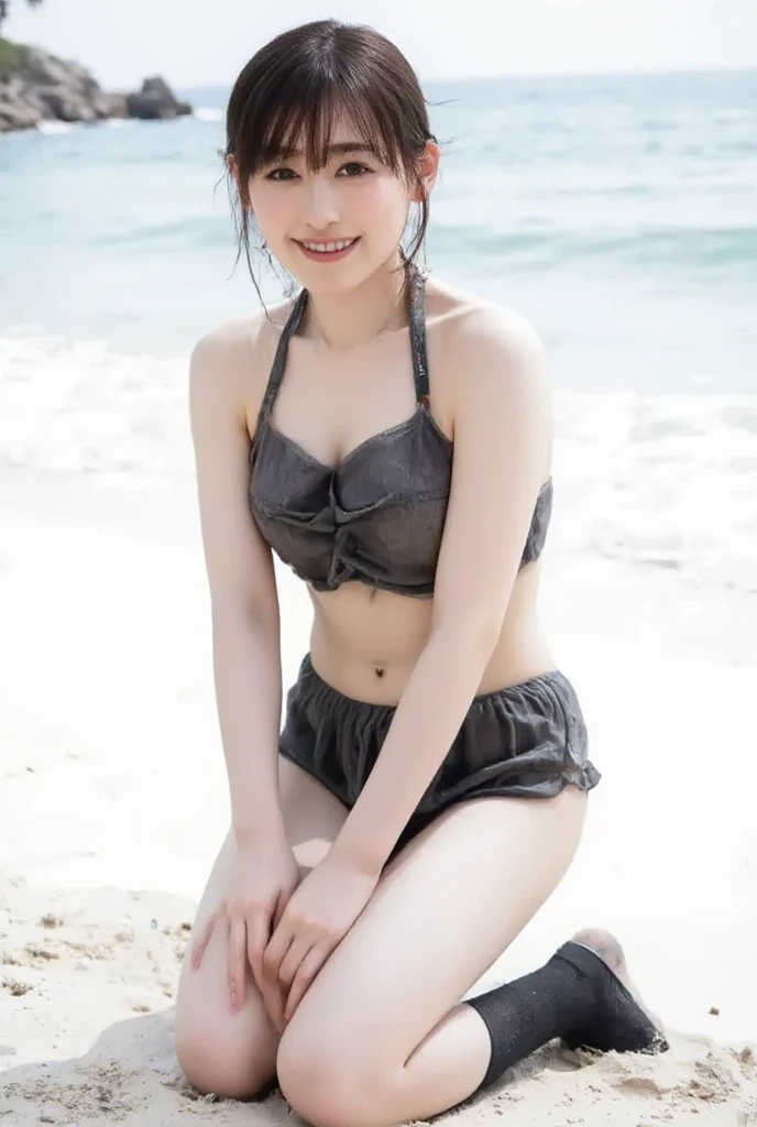 Highest quality, (beautiful)、Off-the-shoulder bikini、Semi-short hair、Larger 、The wind is blowing、Get excited、Beach