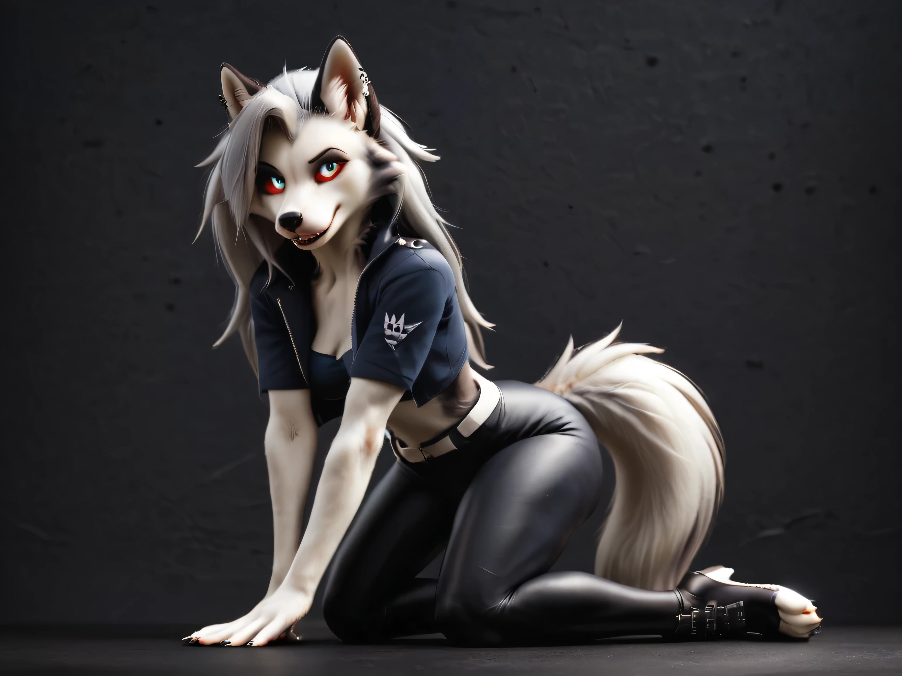 Loona, furry female, her face is very pretty, she is wearing a tight blue full body suit, she is wearing a black jacket, she is wearing black cyber boots , she is wearing a white belt with, random high detailed background, 8k,
