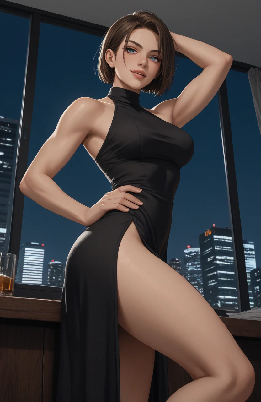 masterpiece, best quality, a woman, solo, wearing a deep V black swimsuit, standing  looking at viewer, wavy hair, brown hair, short hair, age 22, high legs, muscular, female, solo,  muscular, Hotel Lobby, sunglasses