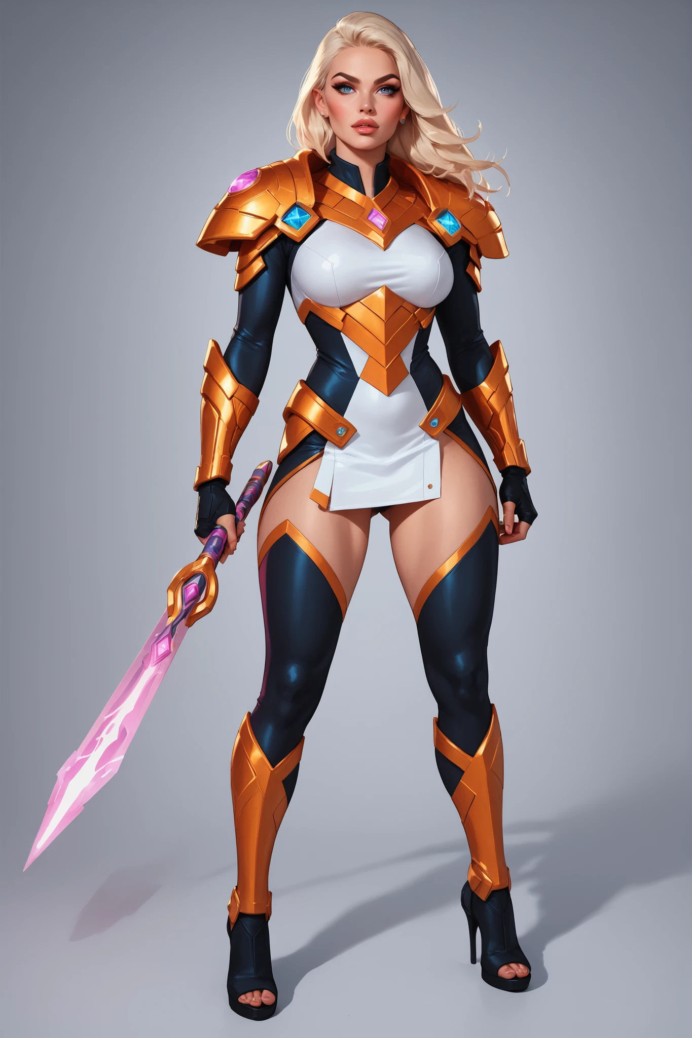 Close-up of a woman holding a sword in a purple suit, dark eye shadow, smooth pink armor, fuchsia skin under armor, sharp silver armor fuchsia skin, Unreal Engine rendering Saint Seiya, streamlined pink armor, 8K HD wallpaper JPEG artifact, 8K HD wallpaper JPEG artifact, 8K art germ bokeh