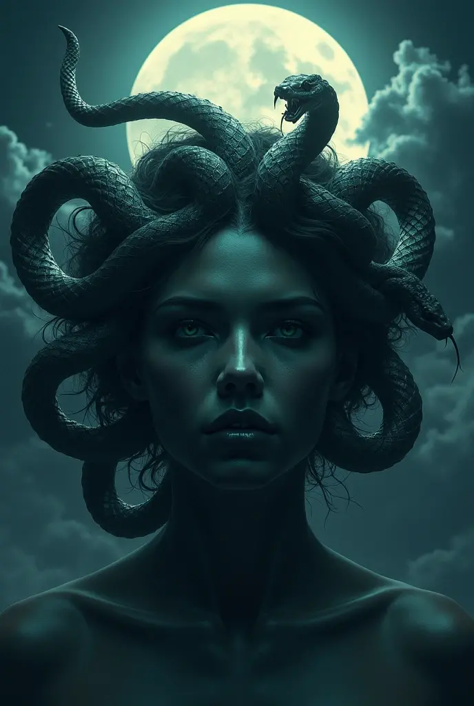 Medusa snake hair, night full moon