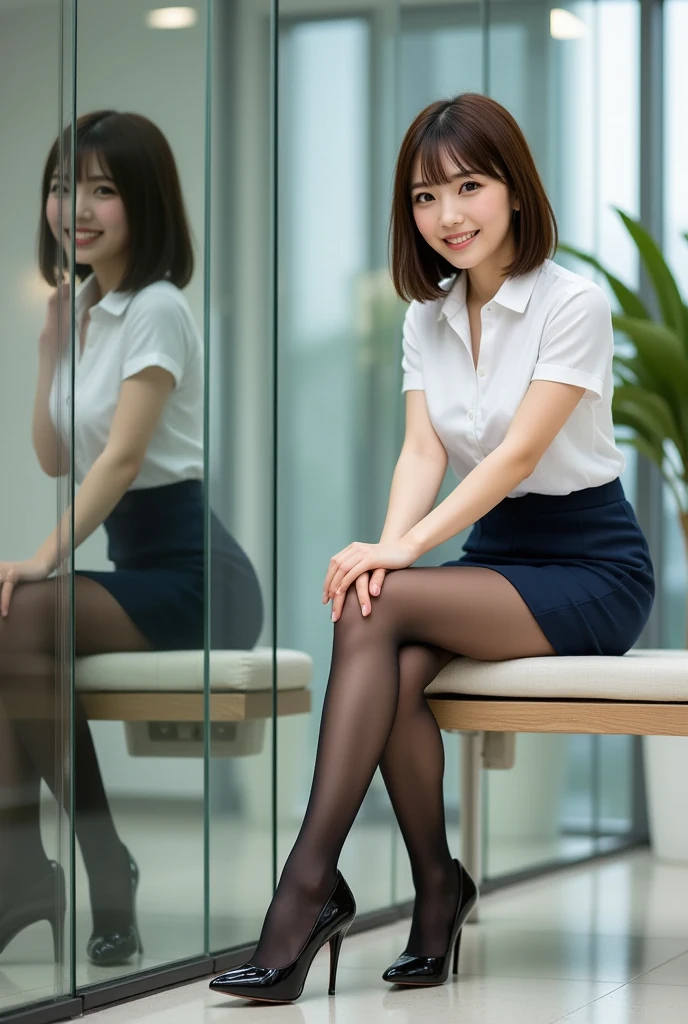 (masterpiece)、(highest quality:1.5)、(16K Wallpaper:1.2)、(Photorealistic:1.2)、(Ultra-detailed:1.2)、(超A high resolution:1.2),(Surreal), (figure), (High resolution), (Very detailed), (best figure), (Professional), (Realistic), (Post-processing), (maximum detail), (Very detailed),(Sharp focus), Sharp focus:1.2,Photorealistic, Ultra-realistic, Backlight, Bright light, (Improvement of quality:1.4),
Healthy thighs、Narrow waist、Big Ass、(Beautiful legs)、((Perfectly detailed five-fingered hands)),(Anatomically correct body)、((1 female:1.4))、Realistic Skin、(Small chest:1.4),Pretty woman with perfect figure:1.4,(from the front:1.5), (Enhances the beauty of skin texture:1.1),
(Beautiful fine details), (Detailed face),Beautiful realistic face,No makeup、美しいBlack Hair、Super Beauty、The best smile、Natural color lip、Even bangs、((29-year-oldの女性))、Bob Hair、Hair blowing in the wind, (Black Hair, Iris, Watery eyes, Shining Eyes, Short Bob Cut, Small earrings, Lightly reddish), Hair behind the ear、No makeup、Realistic texture, Perfect Face, Perfect body, Beautiful fingers, Perfect hands, Nice hands, Beautiful legs, Beautiful feet, Beautiful thighs, Beautiful tiptoe, Detailed skin, alone, One girl, 29-year-old, Smile, View your viewers:2, whole body, Mr.々Hairstyle, Elevation, indoor, At work, Tight skirt business suit, sitting office chair