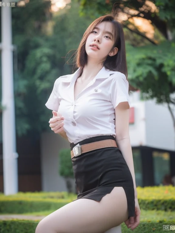 1 girl, reach the camera from the floor:1.4, look at camera:1.3, thai university uniform, white short-sleeve button up shirt:1.2, black tight mini skirt:1.2, brown suede belt:1.2, metal plate belt buckle:1.2, metal shirt buttons:1.2, white sneakers:1.2, black bob hair:1.2, low angle shot:1.4, upper body shot:1.2, masterpiece, best quality, high resolution, 8k, high detailed, face detailed, cinematic lighting, dynamic pose, long exposure, slim and perfect figure, perfect body proportion