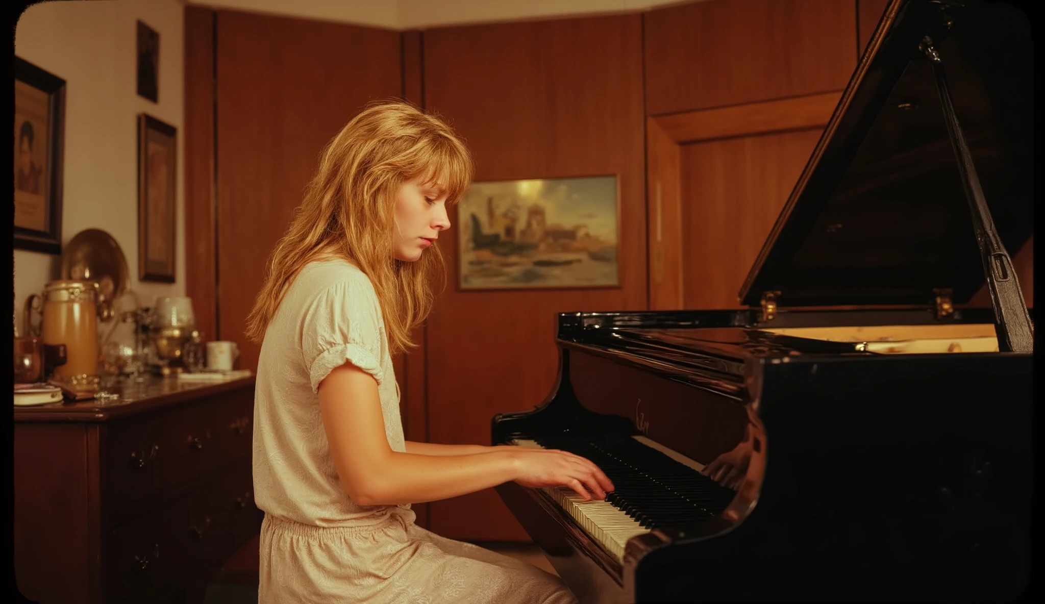 beautiful french girl, young girl, not look at viewer, beautiful shape, mysterious girl, playing grand piano in her room, wearing pajama, kodak gold texture, masterpiece, very high quality, very detailed, 32K, blonde hair, black and white image, retro film texture
