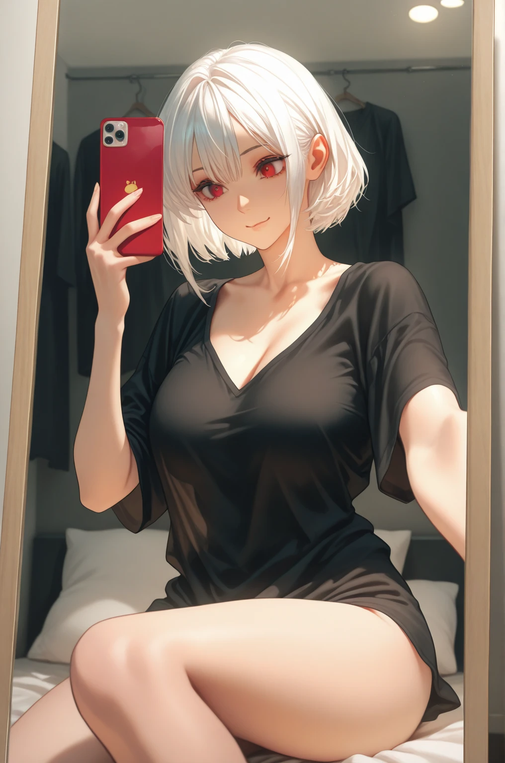 Beautiful woman, sweet smile, ulzzang teenager, selfie in cutely decorated bedroom. All wearing the same outfit