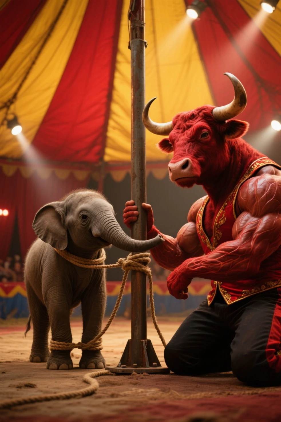 promotional still, mr. nimbus character design, hitchcock, peter hurley, worthlessness, ron desantis as satan, circus, playful and cheerful, it specialist, ultra-high definition, ditka, full-cosplay, alton kelley, no makeup, animatronics, topknot
