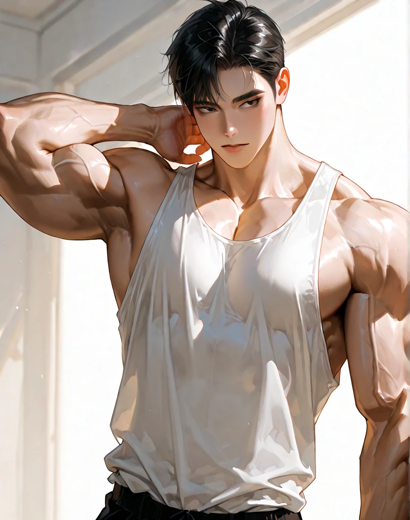 (Masterpiece) best quality, high quality,perfect face,hd, a kpop singer wonho, muscular,.abs ,shirtless ,wearing only singlet