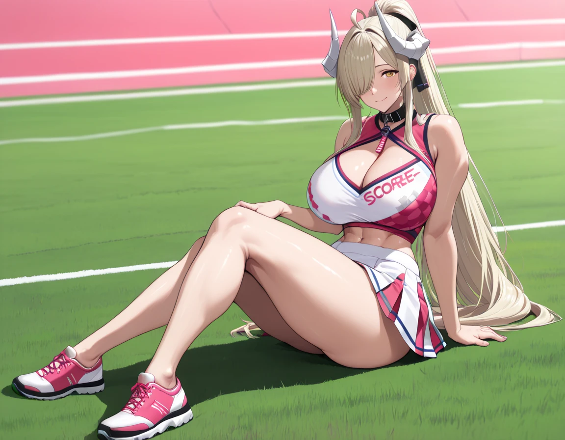 Masterpiece, Best Quality, finelydetail, high resolucion, Extremely delicate and beautiful, Huge breasts, thick-thighs, slim waist, Platinum Blonde Hair, Long hair, hair behind the ears, Drag racing, Midsummer Racing Circuit, race car, Racing Girl, s whole body, ((((huge muscles))))