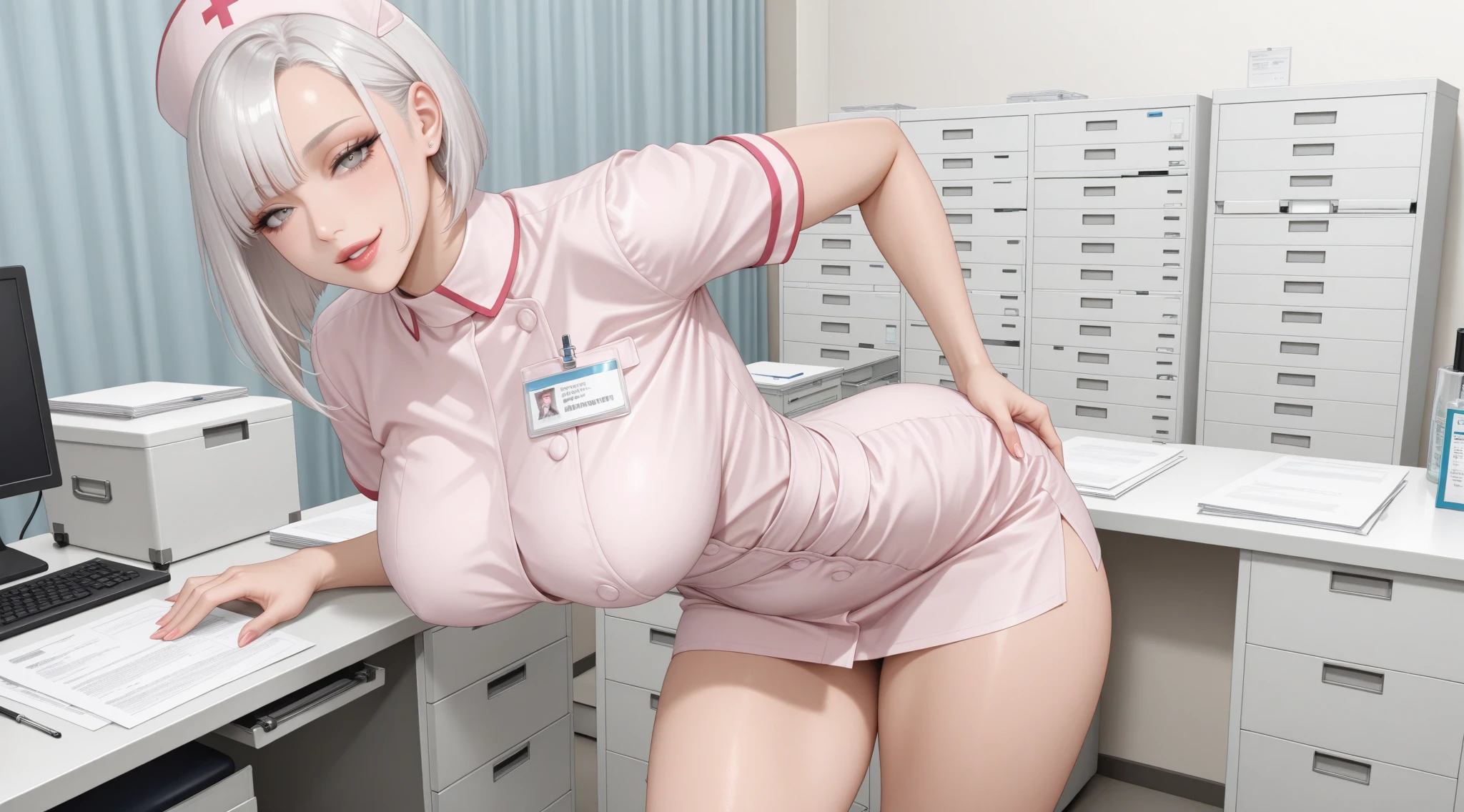 nurse uniform,hospital, latex nurse suit,nurses,busty,elbow gloves,labcoat,silverhair woman,blue eyes , gigantic boobs ,medical instruments,asian nurse,two nurses,speculum,examination room,oversize boobs, ,big ass ,strap on, lay on table ,legs spreaded,giving birth,gyno chair , dentist,Milf,latex