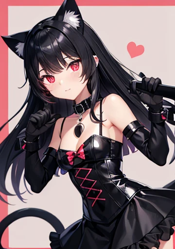 (manos del corazon, propias manos juntas:1), hembra madura,  blusa, sonrisa, feliz, Jeggings , heart hands, own hands together , ,((long hair slightly wavy slightly past the shoulders, black bangs, small black pigtails on the sides, cute cat ears, beautiful thin red eyes, black fluffy cat tail)), 