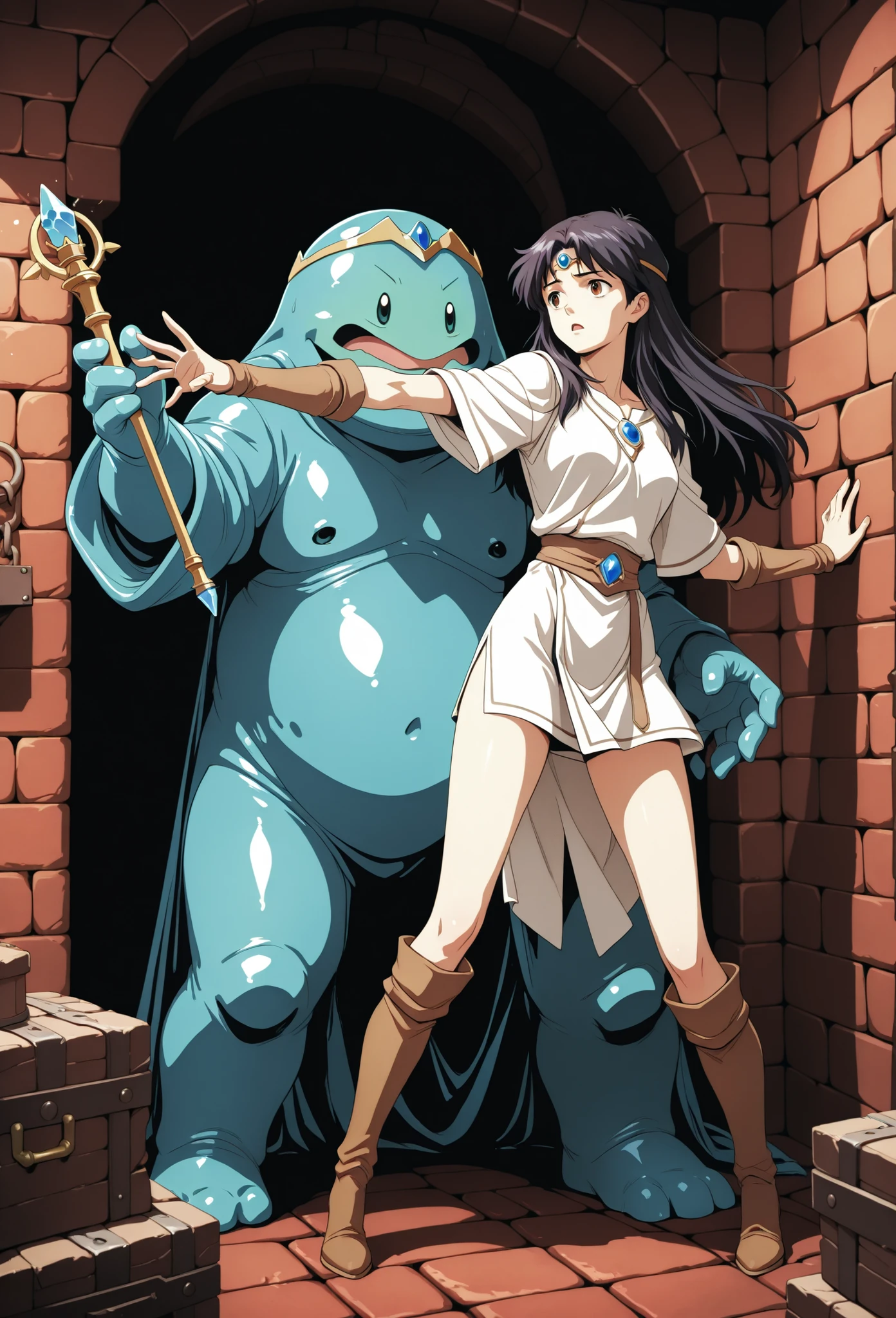A maiden with dark hair wearing a short white tunic, thigh-high hide boots and circlet, holding a short rod with a blue crystal tip, inside a red brick dungeon, a green slime monster reaching out to grab her, alone, in full view in a highly detailed anime style