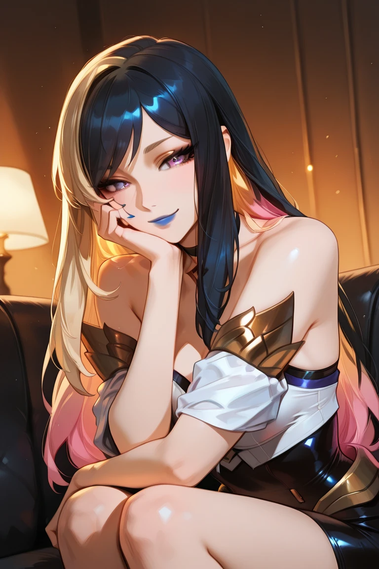 NSFW, LWRD, In a dimly lit office, Governor Rottenmeier, a stunning 35-year-old femme fatale, sits confidently at her table, exuding an aura of mystery and menace. Her athletic physique is showcased by the tight black coat and mini skirt, while her perfectly beautiful body glows under the soft light. A sly smile plays on her lips as she brandishes a sharp, lustrous black karambit knife, its edge glinting menacingly in the faint glow. Her short black hair frames her detailed face, with intense blue eyes and arched eyebrows that seem to pierce through the darkness. The air is thick with a sense of foreboding as she gazes seductively at him with lewd eyes that hide a murderous intent, her dark red lipstick glistening like a siren's call.
