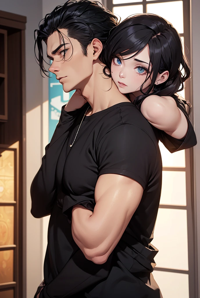 (full-body view))), ((girl and man)), ((dark fantasy)),((handsome boy grabbing girls ass)), ((girl riding on a man)), mature male, 30-ish, (wide shoulder), ((no chest hair)),man with short black Quiff hair with Soft Fringe, (bangs part on side 3:7 ratio), blue eyes, upper body, short hair, looking at viewer, parted lips, round eyewear, showing a bit of muscles,(( girl with wavy hair, pale skin, long light blond hair),((light blue eyes)), freckles,(girl 16 years old),erotic posing,Gothic background, Dark fantastic view,Best Quality,masutepiece,8K,The ultimate detailed dark background, Top image quality、RAW photography、超A high resolution，cropped shoulders, overall look is very erotic, model shoot, round chest, Beautiful Eyes of Details、Very slender eyes、Beautiful eyelashes、Very slim physique, with blush cheeks, bedroom background