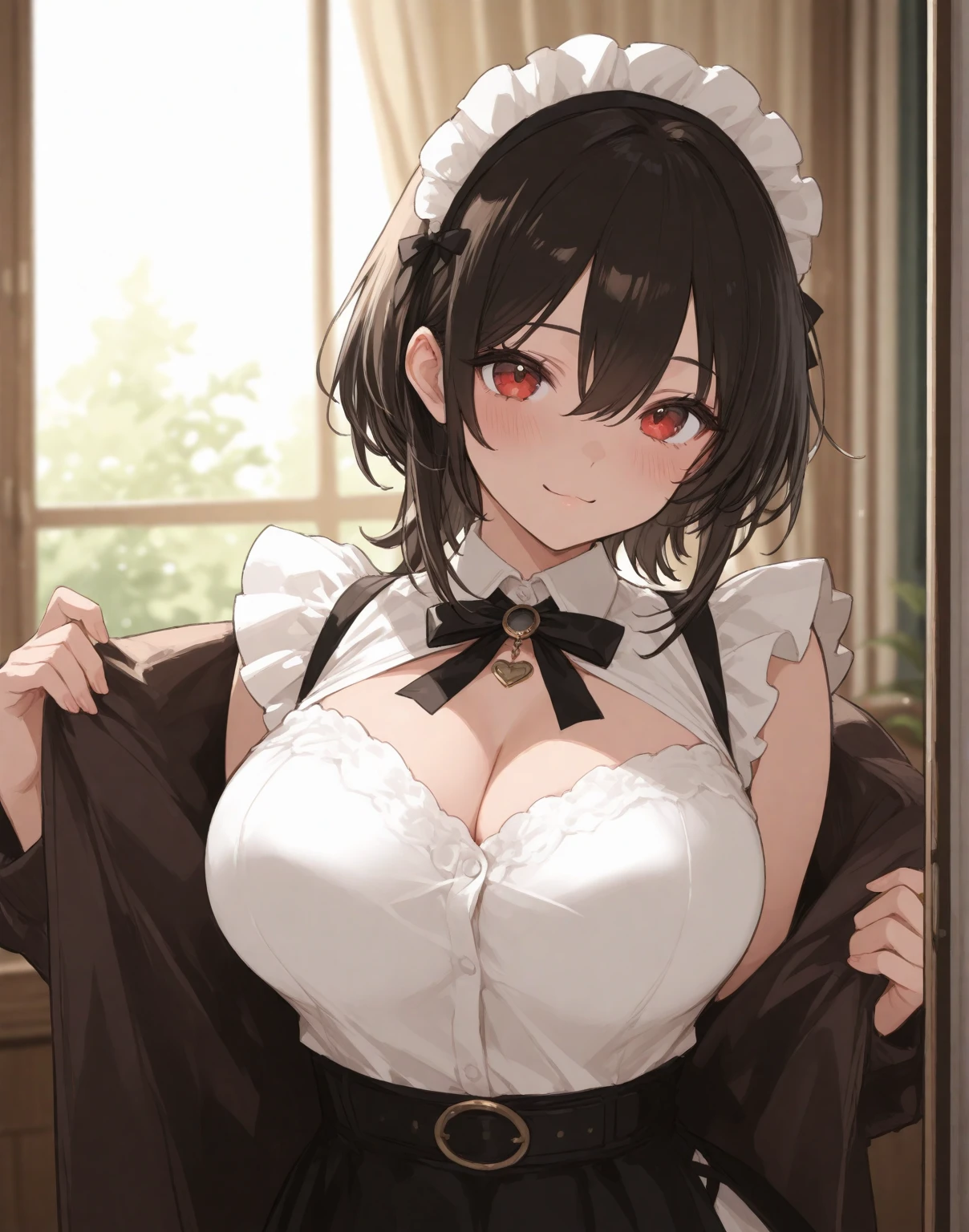 score_9, score_8_up, score_7_up, source_anime, 1girl, black hair, brown eyes, medium hair, cat ears, large breasts, eyeglasses, micro bikini maid, headdress, blouse, skirt, apron, areola, light smile, private room, mansion,