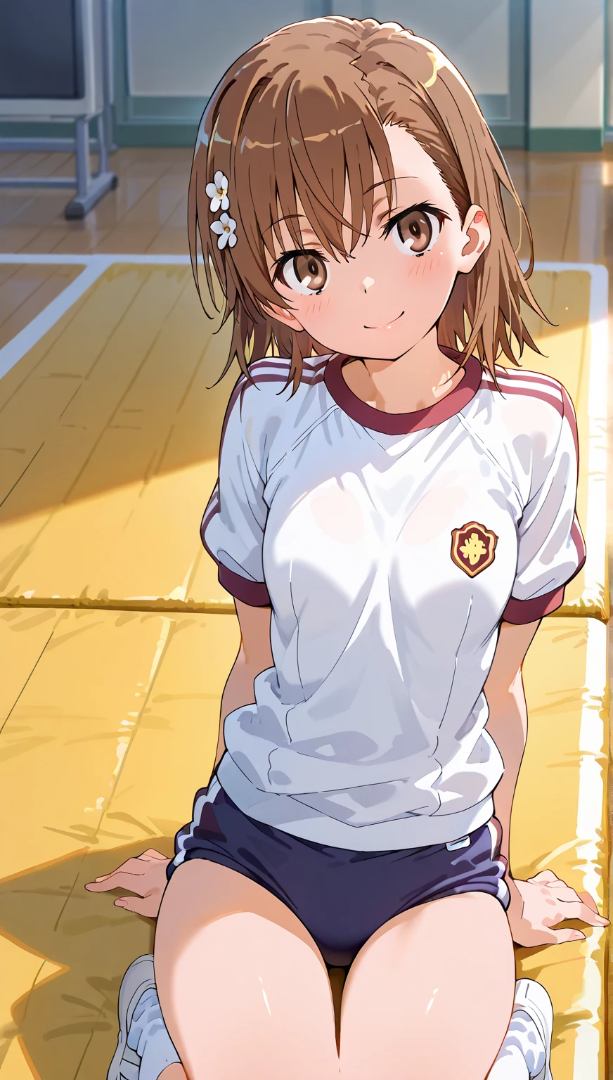 Gymnasium in the evening, a girl in gym clothes, sitting on a folded mat,
(masterpiece:1.2, Best Quality),  1girl ,Alone,(only 1 screen),

beauty, glossy lips, Red,

happy smile,standing,head tilt,arms behind back,

,mikoto misaka, short hair, brown hair, hair ornament, hair flower, brown eyes, white gym shirt, short sleeves, buruma, socks,
