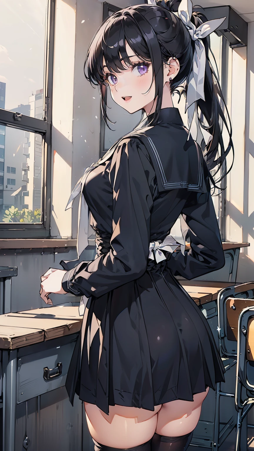 (in 8K), ((ultra-quality)), (looking up), (upward glance), (Bukkake:1.5), (front view), (in 8K), (arms behind head:1.5), ultla highres, Hyper Detailed, High contrast, Ultrafine Strike, creative refinement, absurdres, Realistic, extremely detailed CG unified 8k wallpaper, Highly detailed, High-definition raw color photos, professional photograpy, Realistic portrait, Cinematic Light, Beautiful detailed, 28 years old woman, (realistic skin:1.3), (shiny skin), (Best Quality:1.4), Super Detail, High quality, ​master piece, lifelike, (After SEX), Bukkake, Perfect face, (Sharp Focus), (Cowboy shot), (close up), Delicate Beautiful Hair and Eyes and Face, Delicate eyes, radiant eyes, Lifelike, Hyper-detailing, (Wearing a black sailor uniform with black shirt:1.3), (school costume), (black sailor collar), (black japanese school shirt), (no tie), (Sheer), (black pleated shirt), (colossal breasts:1.5), (large breasts:1.6), (Beautiful breasts:1.5), (covered breasts:1.5), (wet), (arms behind head), Beautiful cute woman, camel-toe details, (SFW), wet clothes, pale black eyes, (dark hair), (asymmetrical bangs),