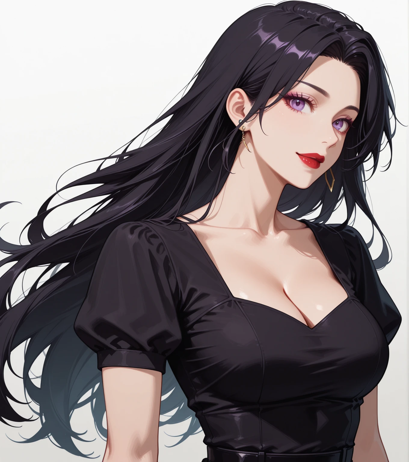 1girl, jewelry, breasts, solo, dress, black hair, cleavage, nico robin, earrings, necklace, large breasts, bracelet, black dress, long hair, looking at viewer, ((medium quality)), ((medium quality))