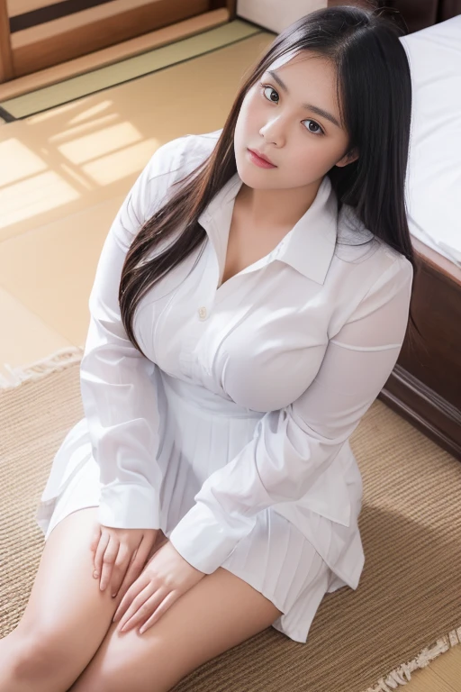(masterpiece, best quality:1.2), (8K, best quality, masterpiece, Golden Ratio Composition,:1.3), woman, (Beautiful Japanese woman in her 40s), (90 kg obese woman), (Thick thighs), (雪白光滑的Long legs), (Wearing a white shirt,:1.2), (Huge breasts), (Long legs), Soft face line,Gentle,Silver short hair,