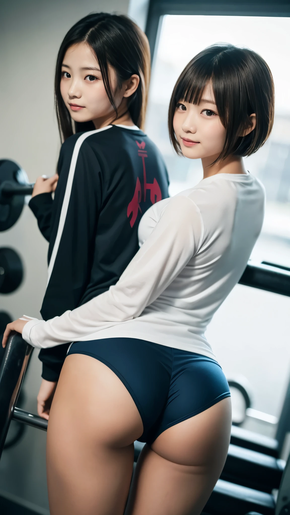 (RAW Photos:1.2)、Smooth super short hair that looks blonde、Highly detailed face、Pichi Pichi Gals、Butt flashing contest at the gym、Pulling down their panties a little to show each other their butts、Perfect balance、At the gym、Put your panties down:1.2、View from the back