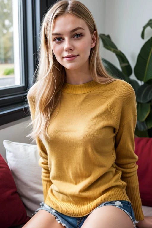 RAW photo of 50 years old Doutzen Kroes, mature woman, masterpiece, best quality, (photorealistic:1.4), (orange sweater:1.2) bare legs, hall, wooden floor, cinematic light, beautiful woman, medium breasts, platinum hair, (bob haircut:1.2), wrinkles on the face,