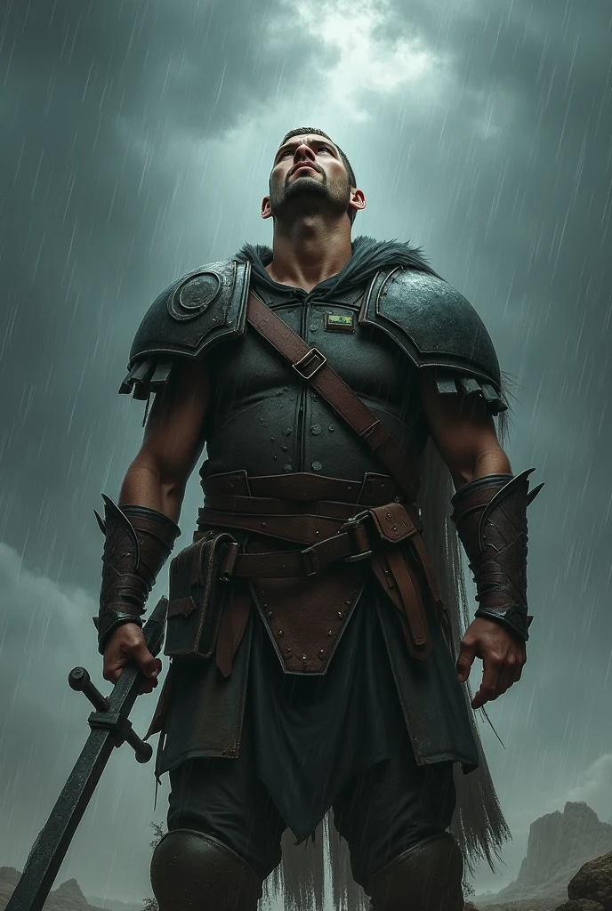 A great strong yong warrior finished a war.  but he was tired he standing with his knees with his sword in his hand. He is eyes are dangerous.It was a very raining night. Lighting the sky. A horse standing behind the warrior. You are injured blood flowing his body. He was Brave. Dangerous destroying fire background.