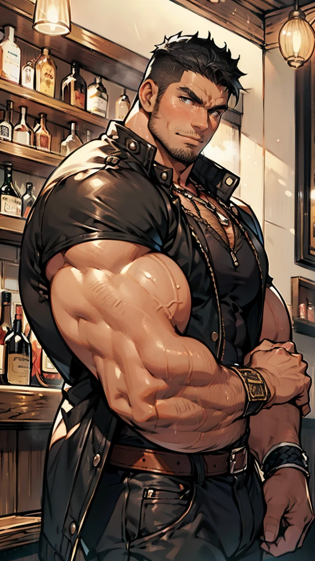 One bald Dwayne Johnson smiling, dressed in a fantasy innkeeper dress, expressive smile, located in a fantasy inn, very detailed facial features, cleaning table, holding a white towel