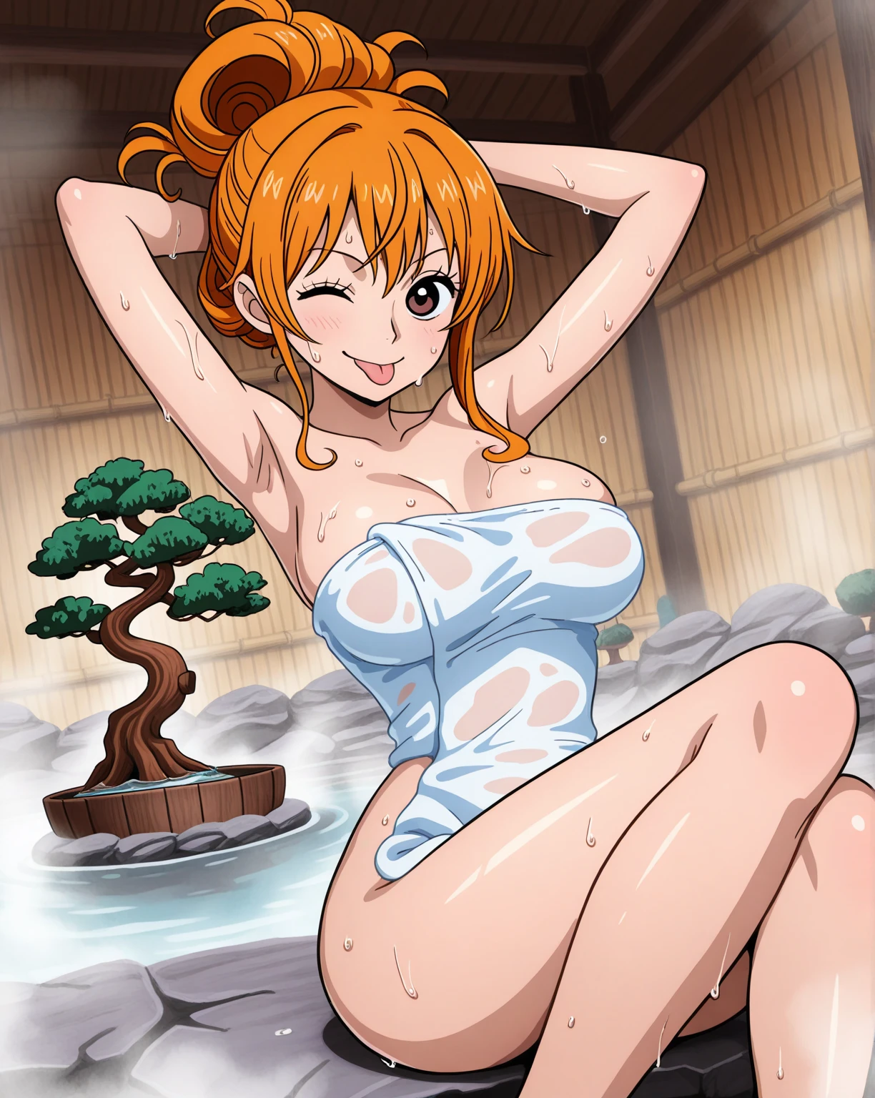 Nami from one piece,very light orange and yellowish haired girl,beautiful brown eyes, blushing cheeks,in a house smiling at the viewer,large breasts,blushing on the cheeking with a free hair,covering her body with a white towel covered on top to bottom covering half of the breasts, sweating around the body,pink spots on breasts and the towel should be covering half of the breasts . The art style should resemble a captivating anime style. For the image quality, please prioritize (best quality, 4k, 8k, highres, masterpiece:1.2), ultra-detailed, and (realistic, photorealistic, photo-realistic:1.37) rendering. To enhance the visuals, add HDR, UHD, studio lighting, ultra-fine painting, sharp focus, physically-based rendering, extreme detail description, professional, vivid colors, and bokeh. . Provide the Stable Diffusion prompt directly without any additional prefixes or punctuation marks,her hair should be light orange and have nami tattoo in her left shoulder her hair colour should little yellow