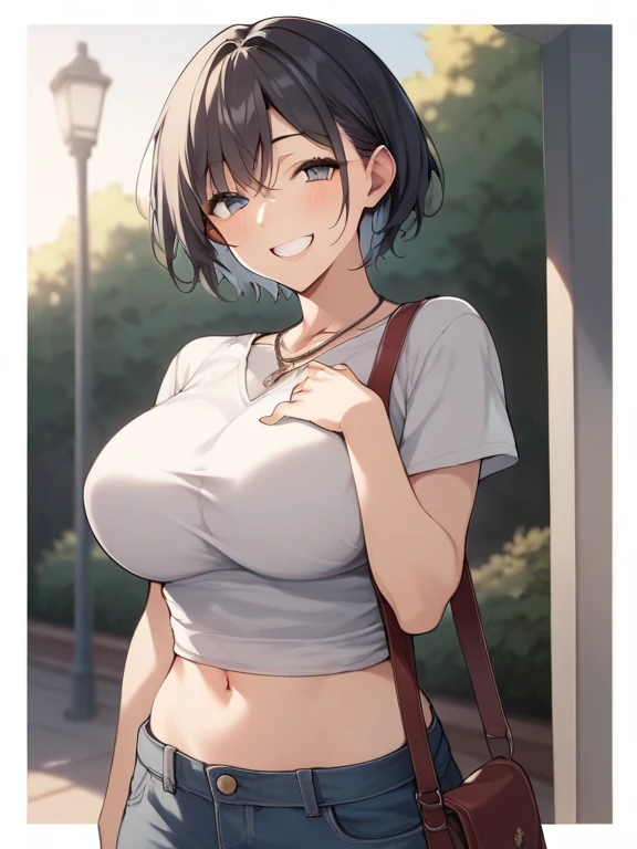 (Close-up of a woman)、Depiction of the upper body、((18-year-old female))、Bright smile、(Please open your mouth a little、High resolution、16k))、Sporty summer clothes、Early morning park、